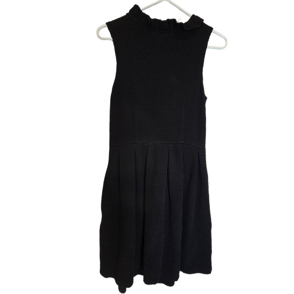 Ganni Anthropologie Dress Textured Black Ruffle Sleeveless Pockets Mock Neck S